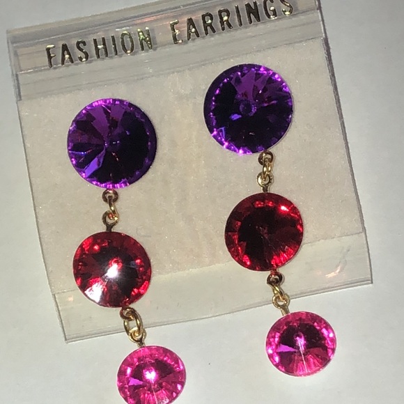 Vintage Triple-Drop Rhinestone Statement Earrings - Purple, Red & Hot Pink - Picture 2 of 4